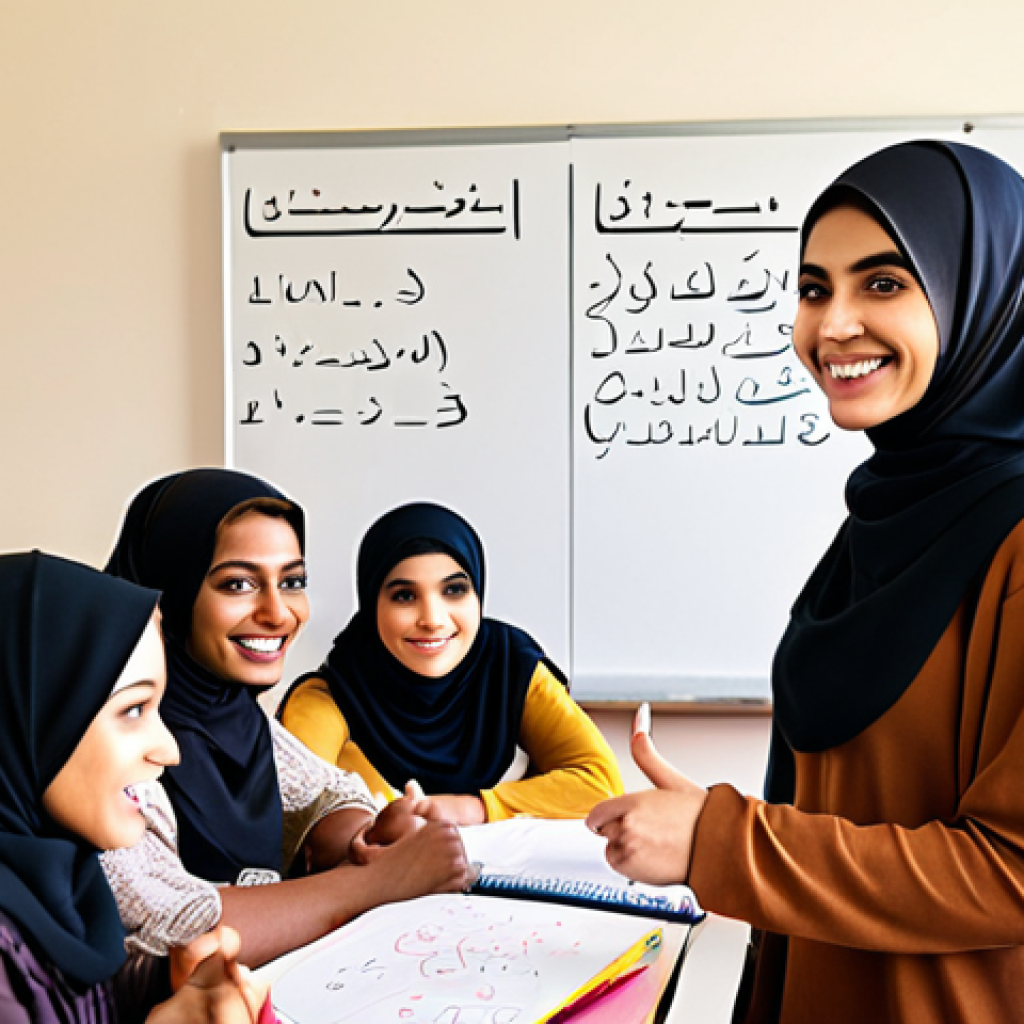**Image:** A diverse group of adult learners in a brightly lit classroom, gathered around a teacher (preferably female, wearing a hijab). The teacher is smiling and pointing to a whiteboard with Arabic letters and numbers. Some students look confident, others hesitant but engaged. Symbolize empowerment and new beginnings.