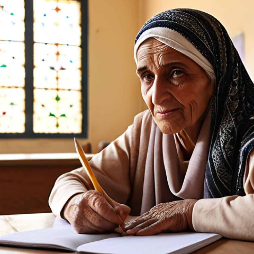 **Prompt 1 (Focus: Personal Transformation and Hope):**
    "An inspiring, close-up portrait of an elderly Arab woman, perhaps in her sixties, her eyes reflecting initial hesitation transformed into a radiant gleam of pride as she carefully writes her name for the very first time on a paper, unassisted. The setting is a humble, warm classroom with a subtle hint of traditional Arabic decor. A dedicated, compassionate teacher's hand is visible in the background, subtly offering support. The overall atmosphere is one of profound human achievement, hope, and the breaking of lifelong barriers. High realism, soft, natural light, emotional depth, 8k, cinematic."