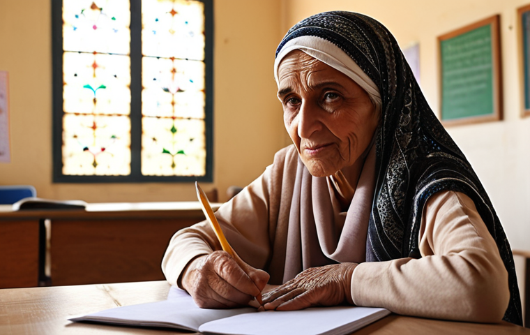 **Prompt 1 (Focus: Personal Transformation and Hope):**
    "An inspiring, close-up portrait of an elderly Arab woman, perhaps in her sixties, her eyes reflecting initial hesitation transformed into a radiant gleam of pride as she carefully writes her name for the very first time on a paper, unassisted. The setting is a humble, warm classroom with a subtle hint of traditional Arabic decor. A dedicated, compassionate teacher's hand is visible in the background, subtly offering support. The overall atmosphere is one of profound human achievement, hope, and the breaking of lifelong barriers. High realism, soft, natural light, emotional depth, 8k, cinematic."