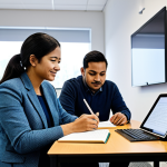 A diverse group of adult learners, fully clothed in modest, professional attire, in a bright, modern learning center that blends traditional and digital tools. One learner reviews content on a tablet, another is diligently writing in a notebook, while a third observes a screen, symbolizing a comprehensive assessment journey from paper to digital. The setting is clean, well-organized, and filled with natural light, promoting a focused learning atmosphere. safe for work, appropriate content, professional, family-friendly, perfect anatomy, correct proportions, natural pose, well-formed hands, proper finger count, natural body proportions, professional photography, high quality, detailed, realistic, thoughtful expressions.