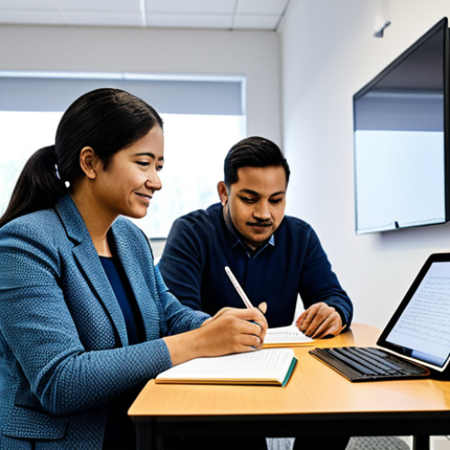 A diverse group of adult learners, fully clothed in modest, professional attire, in a bright, modern learning center that blends traditional and digital tools. One learner reviews content on a tablet, another is diligently writing in a notebook, while a third observes a screen, symbolizing a comprehensive assessment journey from paper to digital. The setting is clean, well-organized, and filled with natural light, promoting a focused learning atmosphere. safe for work, appropriate content, professional, family-friendly, perfect anatomy, correct proportions, natural pose, well-formed hands, proper finger count, natural body proportions, professional photography, high quality, detailed, realistic, thoughtful expressions.