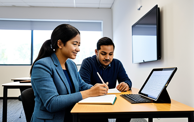 A diverse group of adult learners, fully clothed in modest, professional attire, in a bright, modern learning center that blends traditional and digital tools. One learner reviews content on a tablet, another is diligently writing in a notebook, while a third observes a screen, symbolizing a comprehensive assessment journey from paper to digital. The setting is clean, well-organized, and filled with natural light, promoting a focused learning atmosphere. safe for work, appropriate content, professional, family-friendly, perfect anatomy, correct proportions, natural pose, well-formed hands, proper finger count, natural body proportions, professional photography, high quality, detailed, realistic, thoughtful expressions.