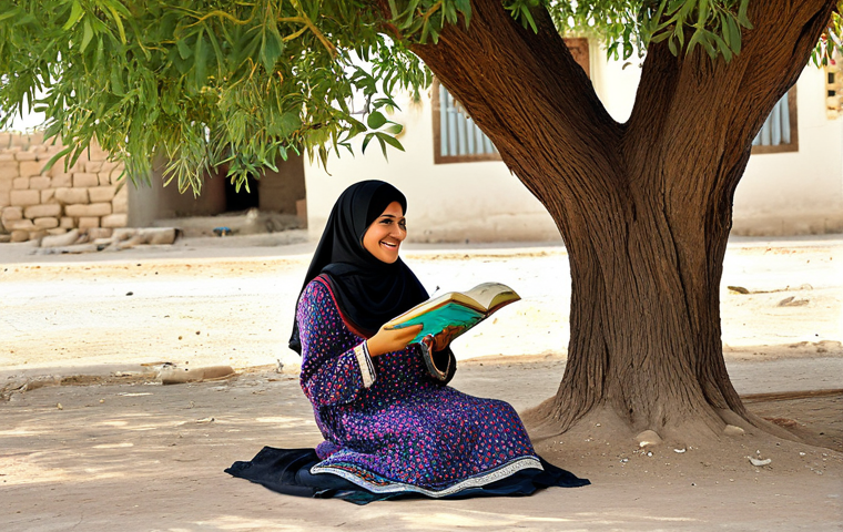 **

"A smiling Arab woman, fully clothed in a modest, colorful traditional dress, teaching a young girl to read under a shaded tree in a rural village in the Middle East, safe for work, appropriate content, family-friendly, perfect anatomy, natural proportions, professional photography, bright and cheerful."

**