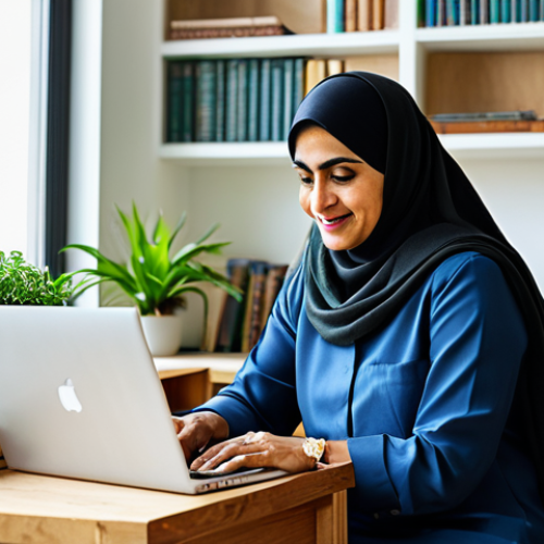 **

"A professional Arab woman in her 40s, fully clothed in modest, culturally appropriate attire, working on a laptop in a brightly lit home office filled with books and plants, safe for work, appropriate content, perfect anatomy, natural proportions, family-friendly, professional photography, high quality."

**