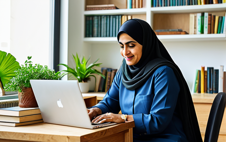 **

"A professional Arab woman in her 40s, fully clothed in modest, culturally appropriate attire, working on a laptop in a brightly lit home office filled with books and plants, safe for work, appropriate content, perfect anatomy, natural proportions, family-friendly, professional photography, high quality."

**
