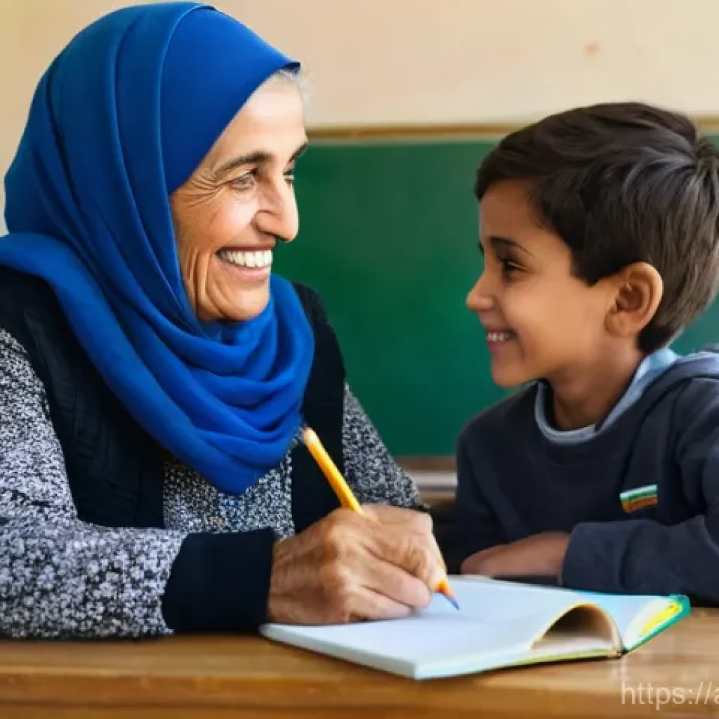 문해교육사와 학습 동기 부여 기법 - An image of an elderly Arab woman, gracefully aged with a kind smile, wearing a traditional headscar...