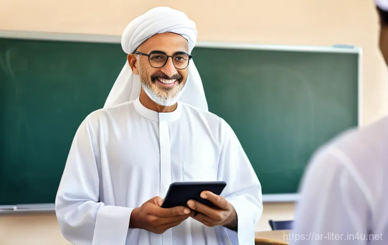 문해교육사로서의 리더십 발휘법 - **Prompt:** A close-up, empathetic scene in an adult education class. A male teacher, with a kind an...