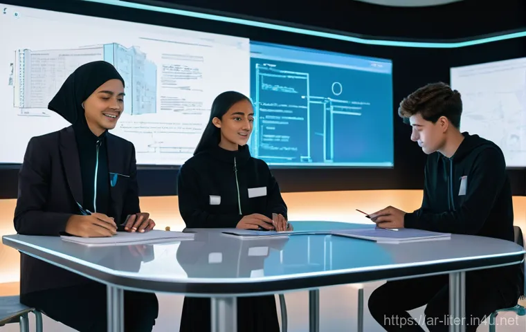 문해교육사와 직업 윤리 강의 - **Prompt 1: "The Guiding Light of Digital Literacy"**
    A warm, brightly lit classroom in an Arabi...