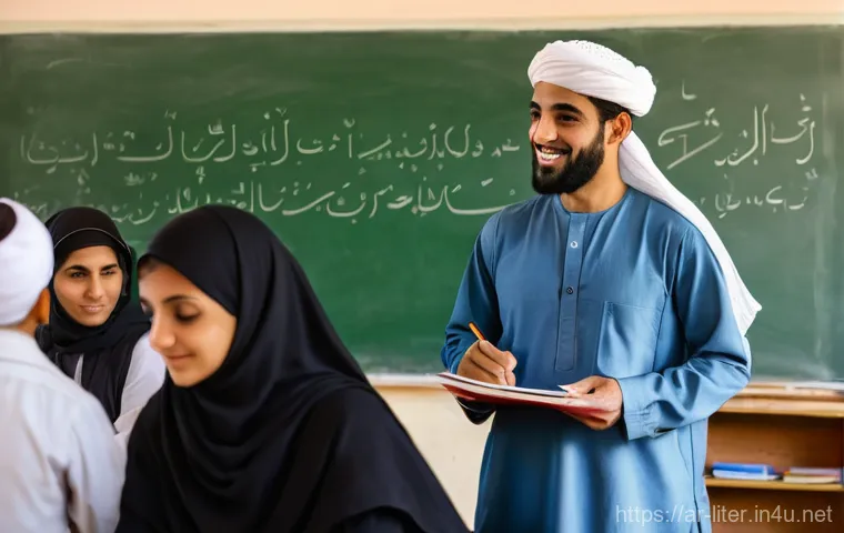 문해교육사와 직업 만족도 조사 연구 - **Prompt:** A heartwarming scene inside a cozy, traditionally decorated Arabic home. An older woman ...