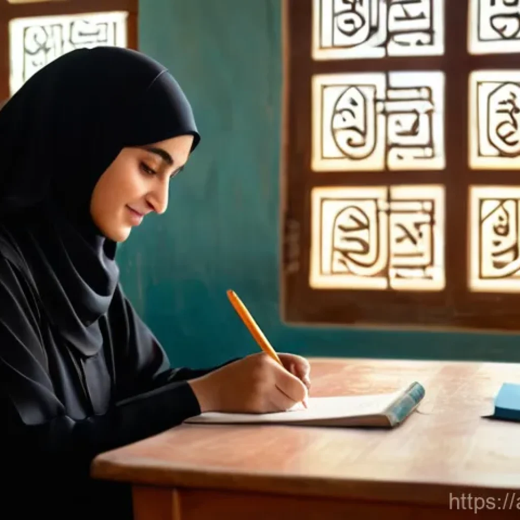 문해교육사와 학습 목표 성공 성공 연구 사례 연구 - A heartwarming scene in a bright, modest classroom, where an empathetic female literacy teacher, wea...