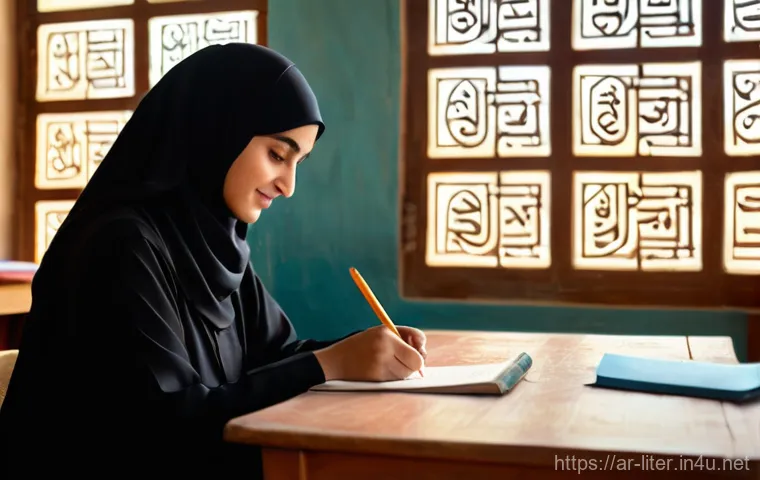 문해교육사와 학습 목표 성공 성공 연구 사례 연구 - A heartwarming scene in a bright, modest classroom, where an empathetic female literacy teacher, wea...