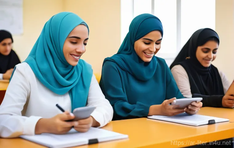 문해교육사와 학습 목표 성공 성공 연구 사례 연구 - A powerful and joyful image of an older Arab woman, dressed in a vibrant, modest jalabiya and headsc...