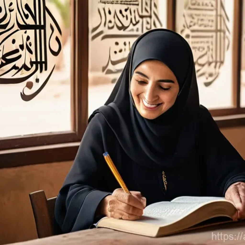 문해교육사와 필수 문해 지도 기술 - The Guiding Light of Knowledge**
A hyperrealistic, heartwarming photograph of a compassionate Arab f...