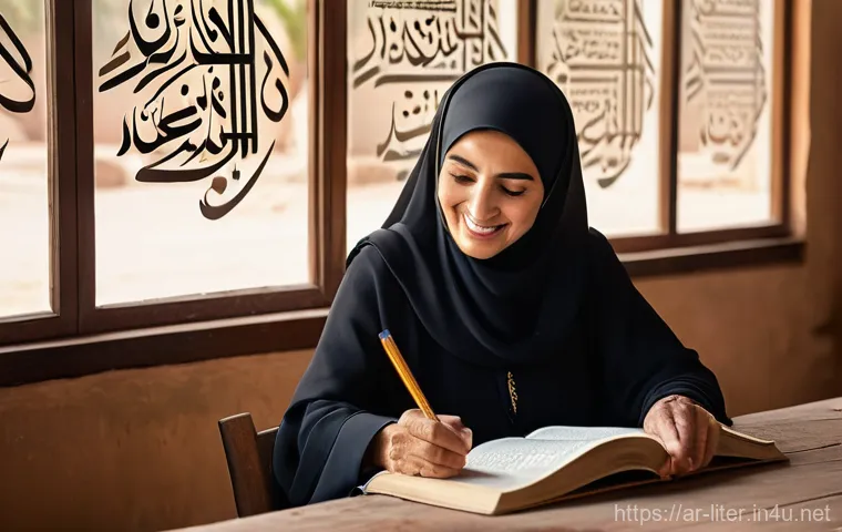 문해교육사와 필수 문해 지도 기술 - The Guiding Light of Knowledge**
A hyperrealistic, heartwarming photograph of a compassionate Arab f...