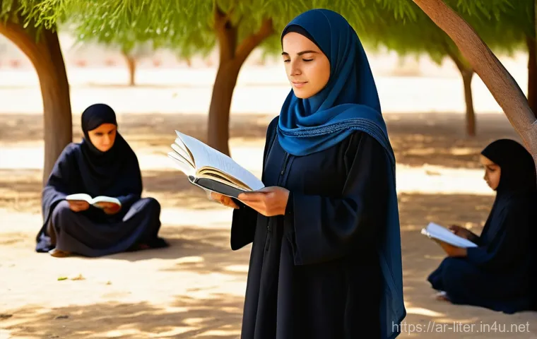 문해교육사와 직업 만족도 연구 연구 - **Prompt:** A dedicated female literacy teacher, dressed in a modest, traditional abaya and headscar...