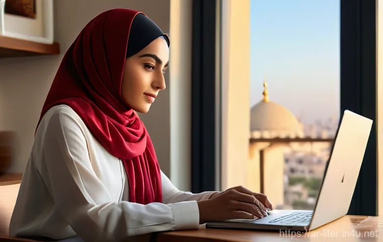 문해교육사 자격증 독학 가능성 - A determined Arab woman in her late 20s, dressed in a modest yet stylish long-sleeved top and trouse...