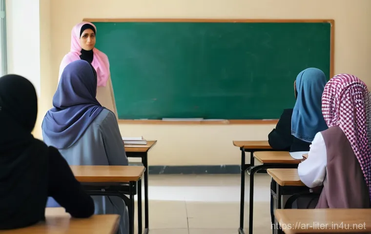 문해교육사 자격증 독학 가능성 - A determined Arab woman in her late 20s, dressed in a modest yet stylish long-sleeved top and trouse...