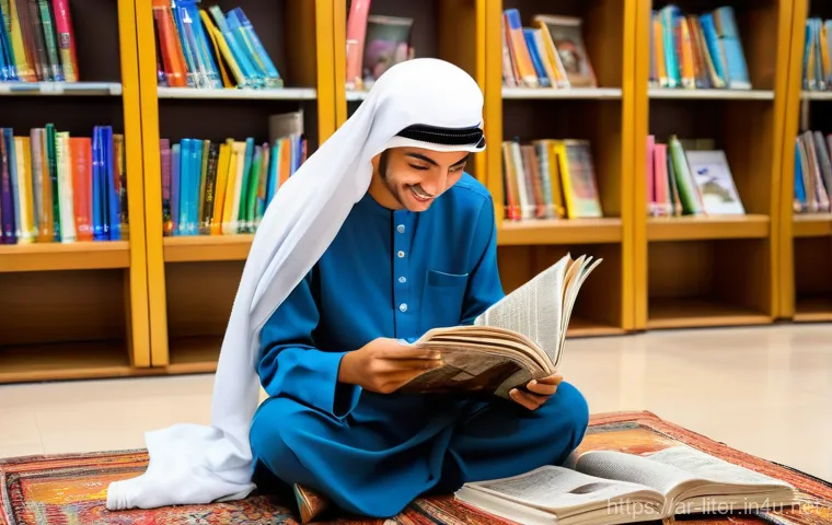 문해교육사 자격증 독학 가능성 - An empathetic Arab woman, in her mid-30s, wearing a respectful hijab and a loose, long-sleeved dress...