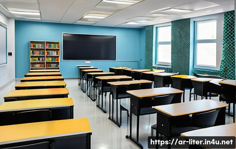 문해교육사 수업 운영 팁 - A bright, organized adult literacy classroom in an Arabic cultural setting, featuring neat rows of d...