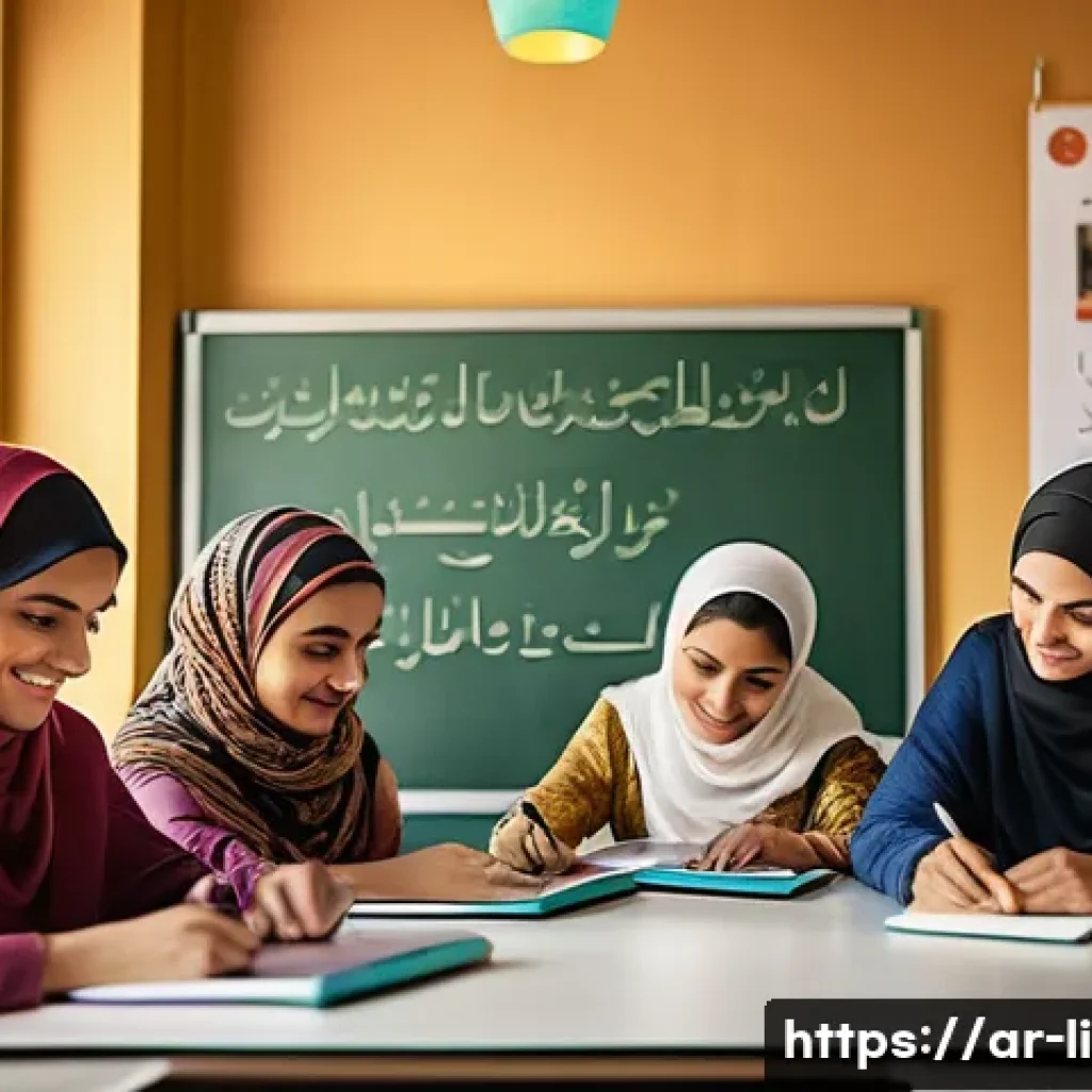 문해교육사와 학생 개별 사례 연구 - A diverse group of adult learners in a modern literacy classroom in an Arabic-speaking country, each...
