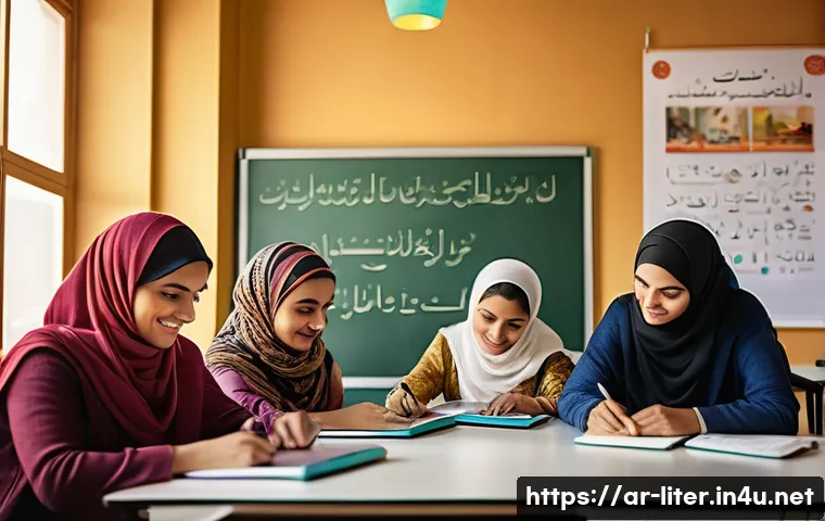 문해교육사와 학생 개별 사례 연구 - A diverse group of adult learners in a modern literacy classroom in an Arabic-speaking country, each...