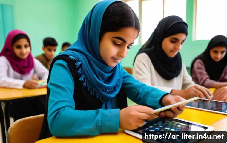 문해교육사와 교육 지원 시스템 활용 - A warm, inviting classroom scene in a Middle Eastern setting, featuring adult learners of diverse ba...