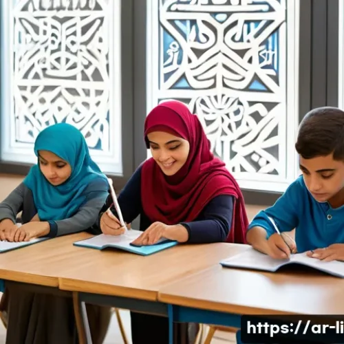 문해교육사 학습 목표 설정법 - A diverse classroom scene in an Arabic cultural setting, featuring a compassionate teacher engaging ...