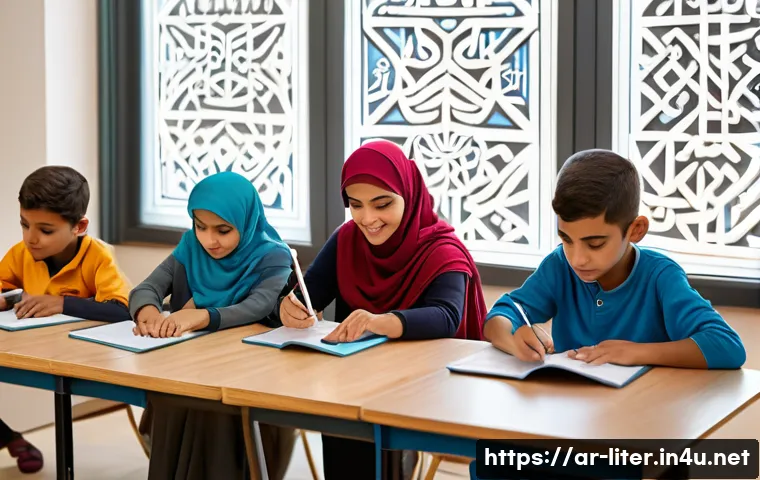 문해교육사 학습 목표 설정법 - A diverse classroom scene in an Arabic cultural setting, featuring a compassionate teacher engaging ...