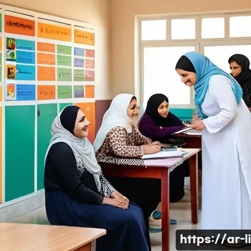 문해교육사 학습자 사례 연구 - A warm and inviting literacy classroom in a Middle Eastern community center, showing a diverse group...