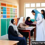 문해교육사 학습자 사례 연구 - A warm and inviting literacy classroom in a Middle Eastern community center, showing a diverse group...