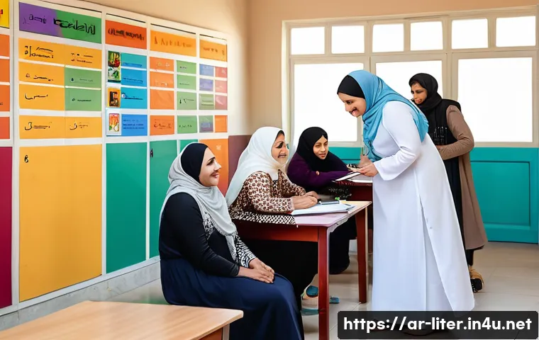 문해교육사 학습자 사례 연구 - A warm and inviting literacy classroom in a Middle Eastern community center, showing a diverse group...