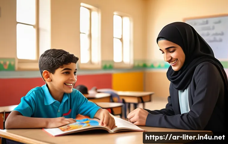 문해교육사와 학생 상담 성공 사례 - A warm and inviting classroom scene set in a Middle Eastern school, featuring an Arab male teacher a...