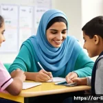 문해교육사 업무 사례 공유 - A diverse group of adult learners in a bright, welcoming classroom in an Arabic-speaking community, ...