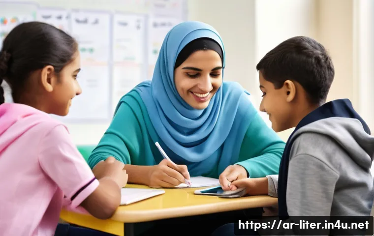 문해교육사 업무 사례 공유 - A diverse group of adult learners in a bright, welcoming classroom in an Arabic-speaking community, ...