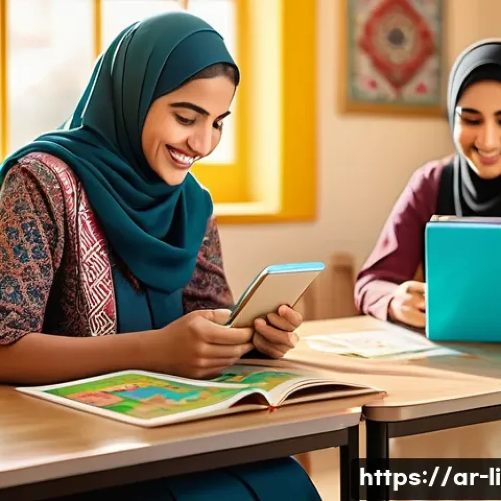 문해교육사와 직업적 성장 노하우 - A warm, inviting literacy classroom in a Middle Eastern setting with an Arabic-speaking female educa...