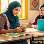 문해교육사와 직업적 성장 노하우 - A warm, inviting literacy classroom in a Middle Eastern setting with an Arabic-speaking female educa...