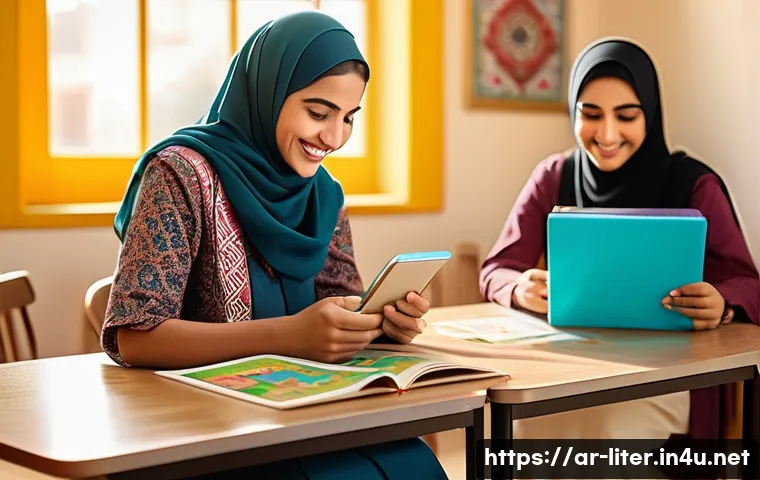 문해교육사와 직업적 성장 노하우 - A warm, inviting literacy classroom in a Middle Eastern setting with an Arabic-speaking female educa...