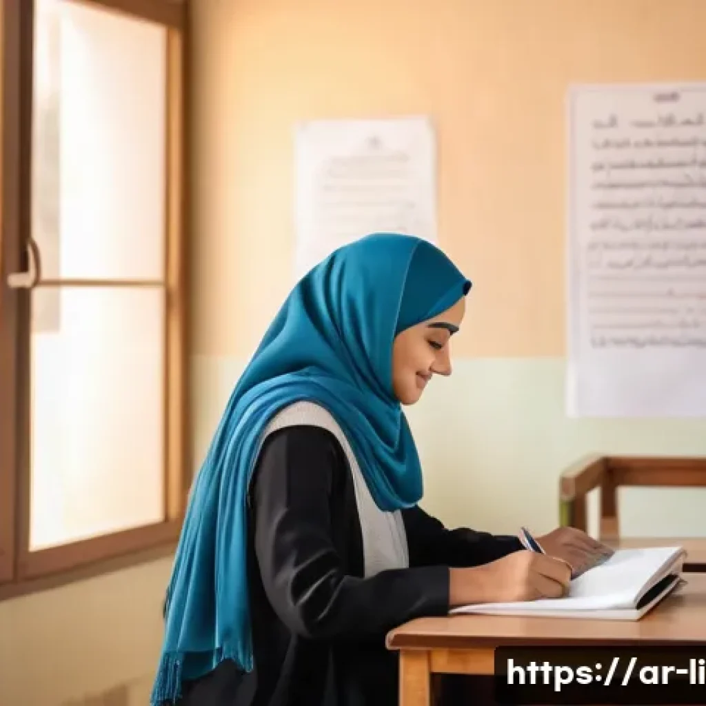 문해교육사 시험 과목 상세 분석 - A warm, inviting classroom scene in a Middle Eastern setting with Arabic calligraphy posters on the ...