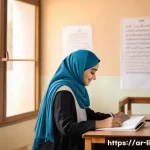 문해교육사 시험 과목 상세 분석 - A warm, inviting classroom scene in a Middle Eastern setting with Arabic calligraphy posters on the ...
