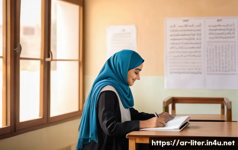 문해교육사 시험 과목 상세 분석 - A warm, inviting classroom scene in a Middle Eastern setting with Arabic calligraphy posters on the ...