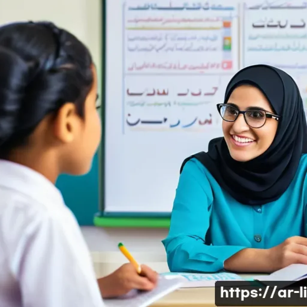 문해교육사와 직업 만족도 연구 결과 - A warm and inspiring classroom scene in an Arabic literacy center, showing a diverse group of adult ...