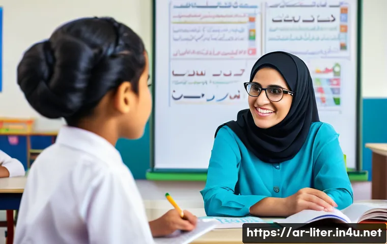 문해교육사와 직업 만족도 연구 결과 - A warm and inspiring classroom scene in an Arabic literacy center, showing a diverse group of adult ...