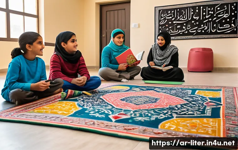 문해교육사와 전공 과목 활용 - A vibrant classroom scene in an Arabic-speaking community center, featuring diverse adult learners f...