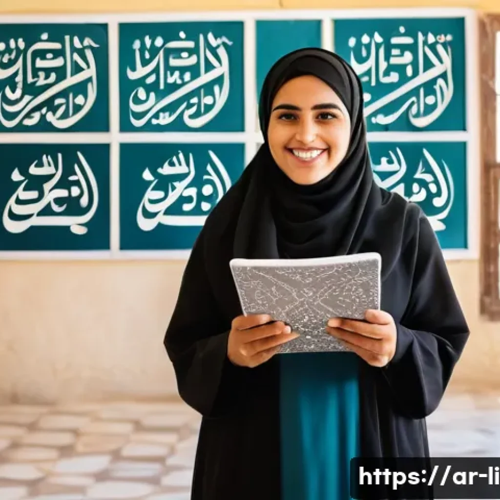 문해교육사 취업 성공 사례 - A dedicated Arabic female literacy teacher in her 30s wearing modest professional attire, standing i...