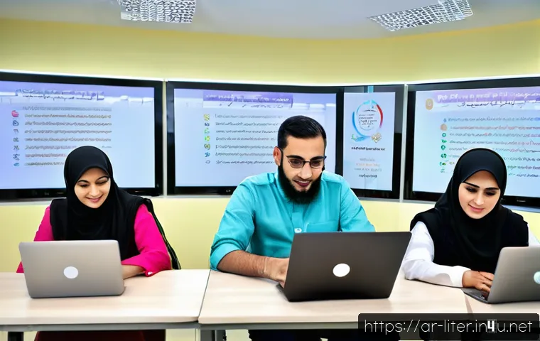 문해교육사와 최신 자격증 동향 - A modern classroom setting in an Arab community center where diverse adult learners, including men a...