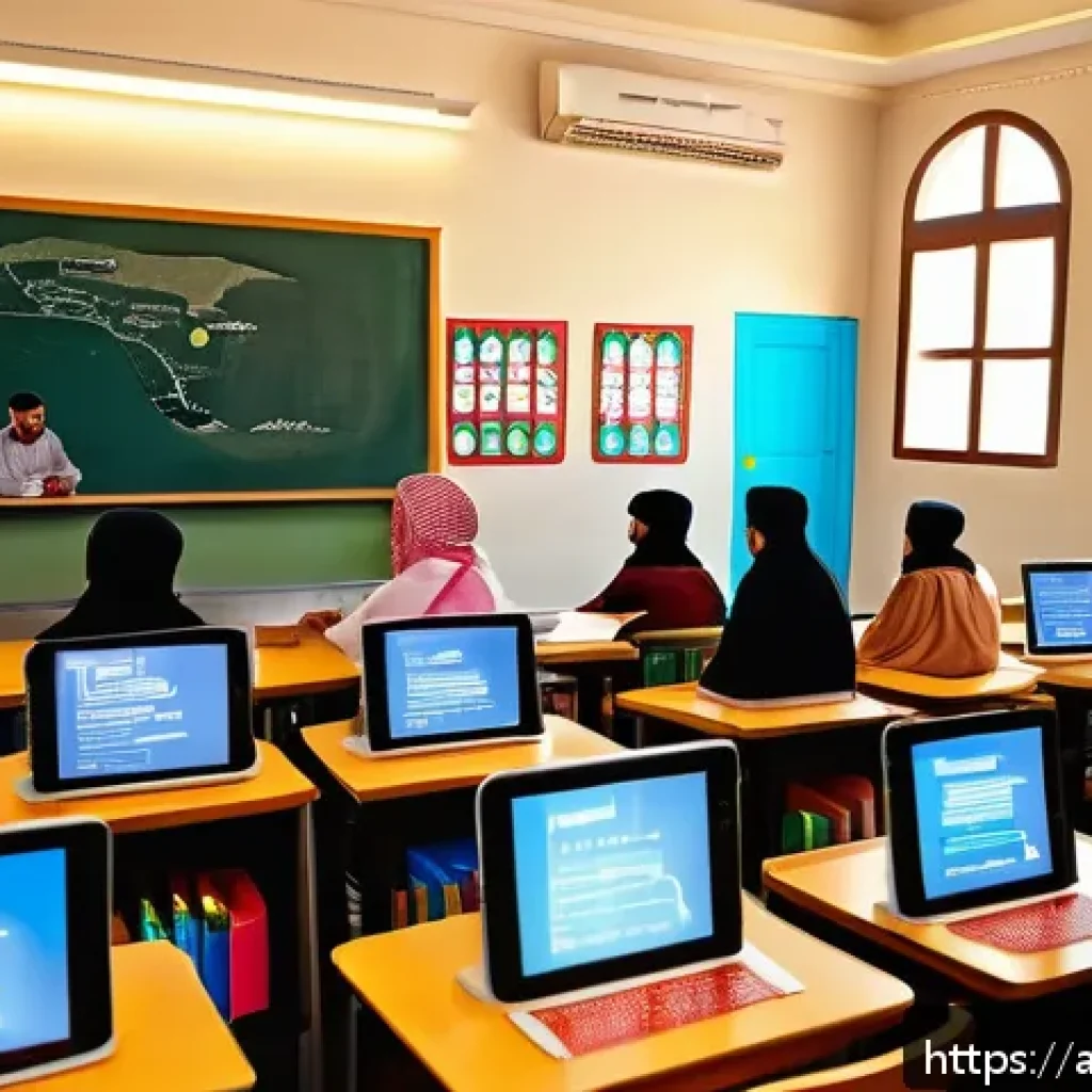 문해교육사와 필수 문해 기술 연구 사례 - A modern Arabic classroom scene featuring a diverse group of adult learners actively engaging with d...