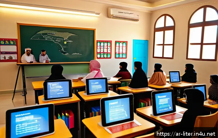 문해교육사와 필수 문해 기술 연구 사례 - A modern Arabic classroom scene featuring a diverse group of adult learners actively engaging with d...