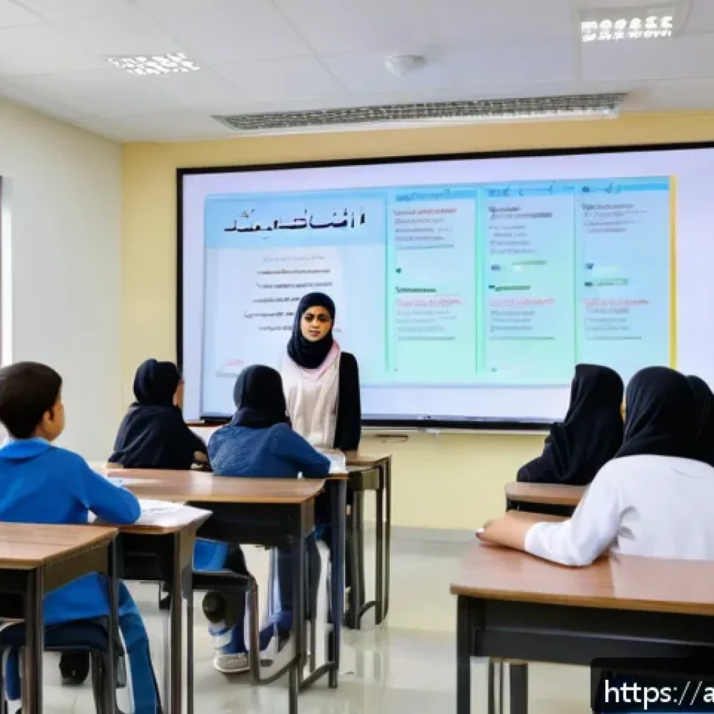 문해교육사와 교육 콘텐츠 개발 - A modern classroom scene in a Middle Eastern school with Arab students actively engaged in a reading...