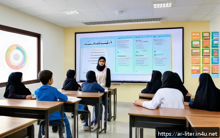 문해교육사와 교육 콘텐츠 개발 - A modern classroom scene in a Middle Eastern school with Arab students actively engaged in a reading...