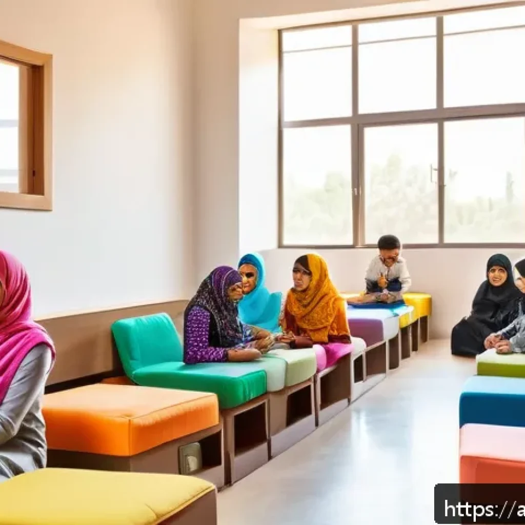문해교육사 교육 커리큘럼 설계 - A vibrant classroom scene in a modern Arabic school setting, featuring diverse young learners seated...